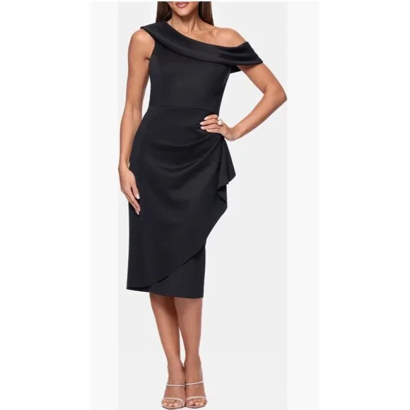 Xscape | Dresses | Xscape Evenings Oneshoulder Ruched Cocktail Midi Dress  In Black Size | Poshmark